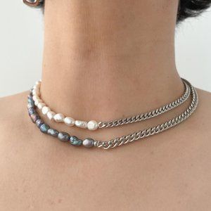 Pearl Necklace Pearl Choker Necklace Silver Necklace Curb Chain Necklace‌‌‌
